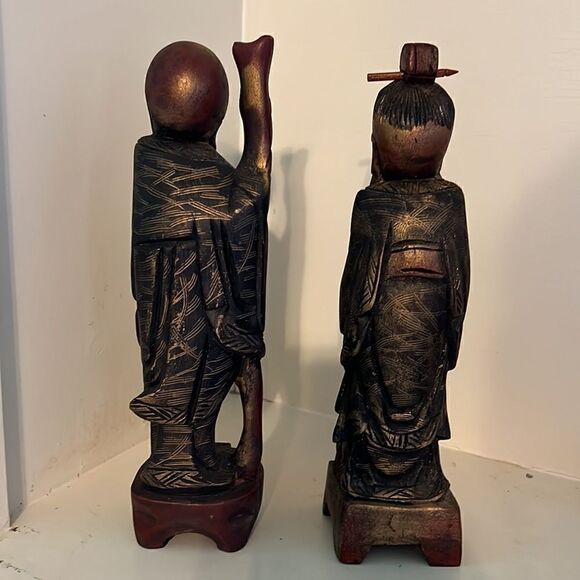 Vintage Pair of 2 Hard Carved Wood Figures Confucius and God of Longlife - Picture 4 of 8